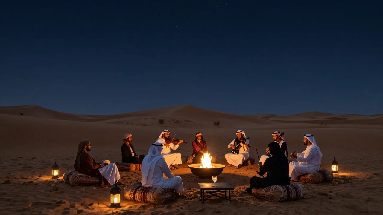 Desert night scene with fire pit, string quartet, and guests under a starry sky in serene silence.