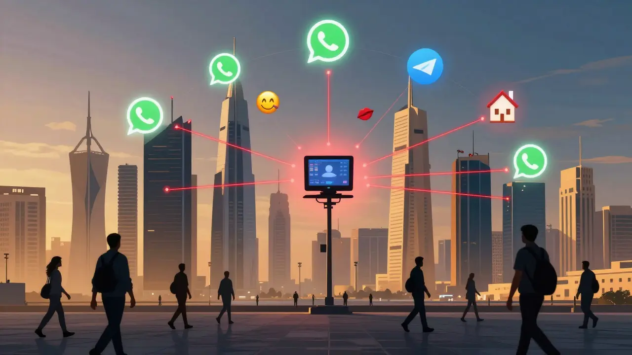 Digital alert icons glow over Abu Dhabi's skyline, showing monitored messages and emojis triggering police surveillance.