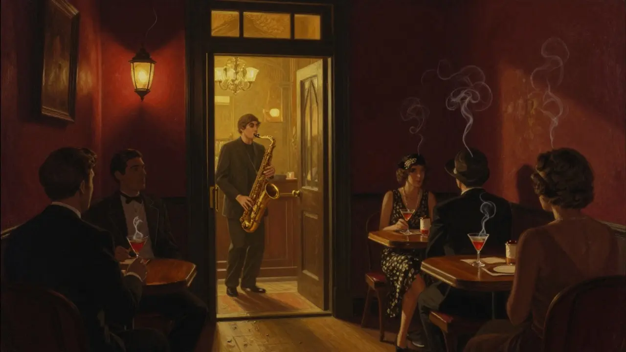 Dim jazz speakeasy in Soho with a saxophonist playing under golden light and patrons in vintage attire.