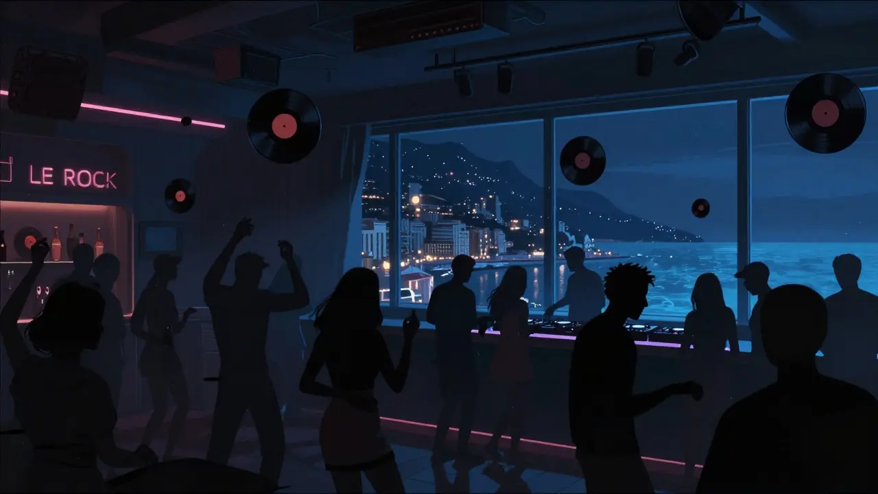 Dimly lit Le Rock nightclub with dancers silhouetted against neon accents and coastal views through large windows.