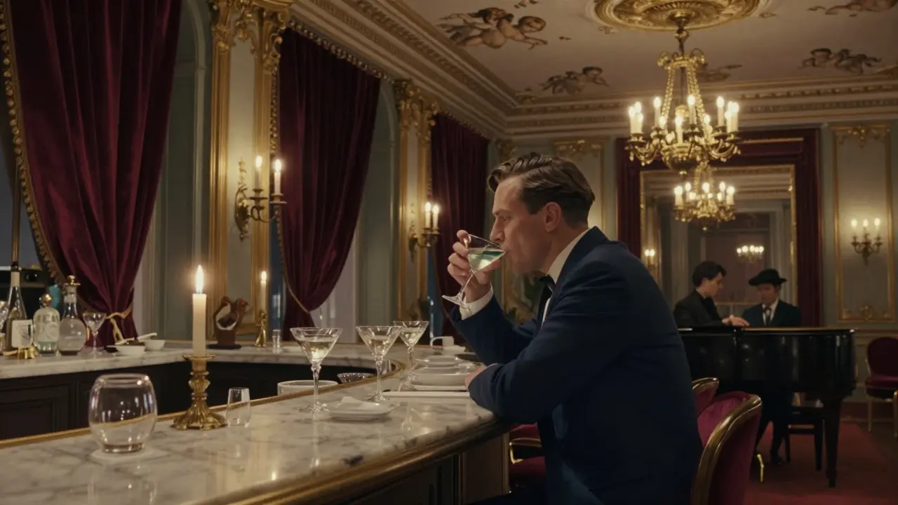 Elegant 1920s-style bar with velvet curtains, gilded mirrors, and a guest sipping a martini under a chandelier.
