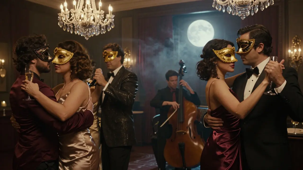Elegant masked ball under chandeliers with guests in silk gowns waltzing to live string quartet music.