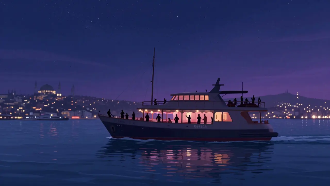 Floating nightclub on a yacht under starry skies, dancing silhouettes and city lights reflecting on dark water.