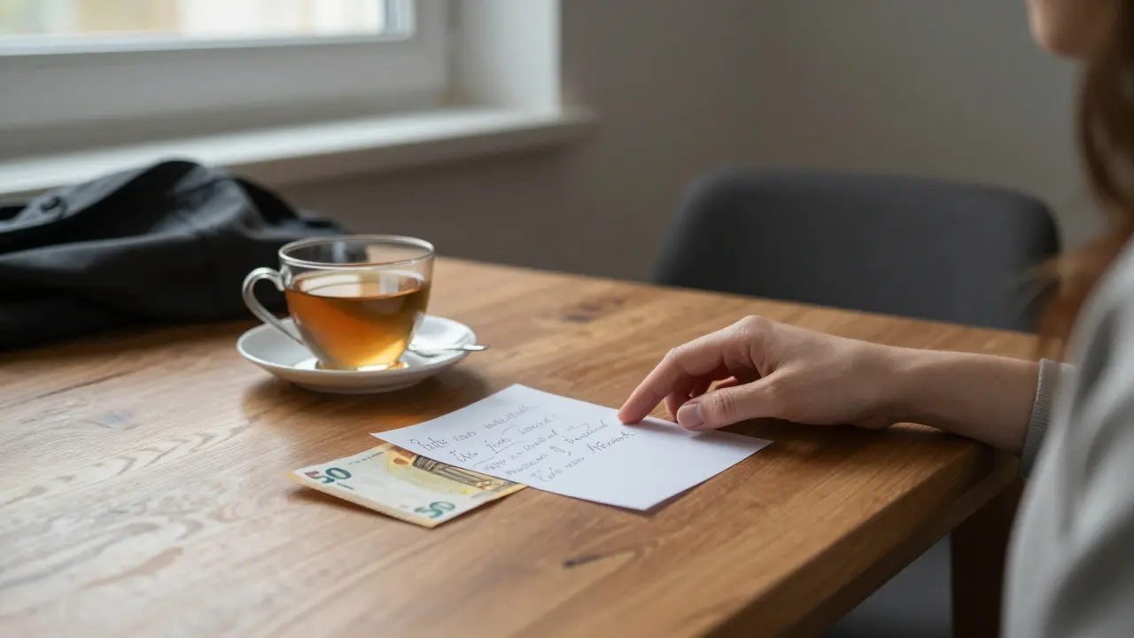 Handwritten thank-you note beside a cup of tea, morning light softening the quiet room.