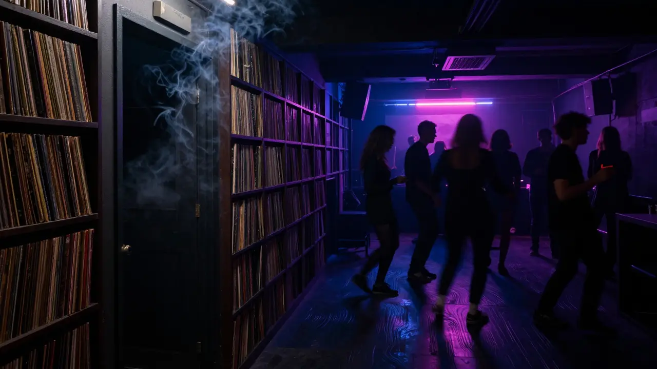 Hidden club entrance in Porta Venezia with incense smoke, bass vibrations, dancers in darkness, no signs visible.