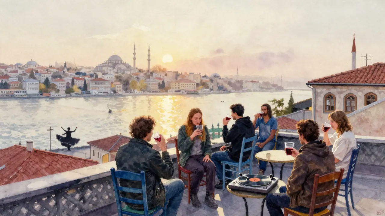 Hidden rooftop at dawn with strangers sipping wine as the Golden Horn glows in morning light.
