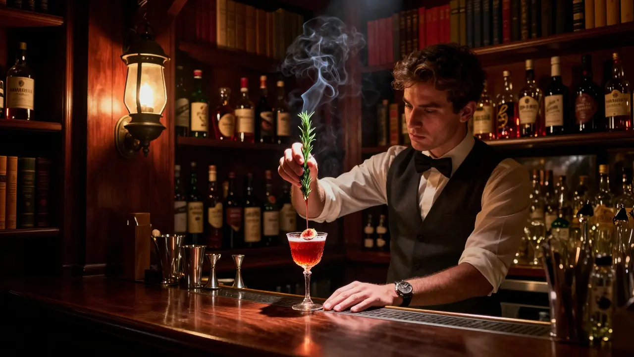 Hidden speakeasy bar with bartender mixing a local cocktail, bookshelf entrance, dim lantern lighting.