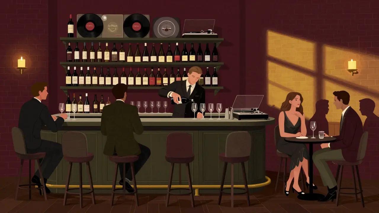 Intimate bar scene with a bartender pouring wine in a quiet, candlelit Brera establishment.