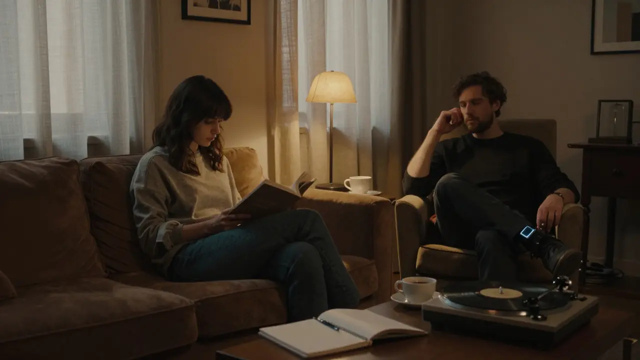 Intimate evening in a Navigli apartment with jazz playing, phone out of sight, quiet conversation.