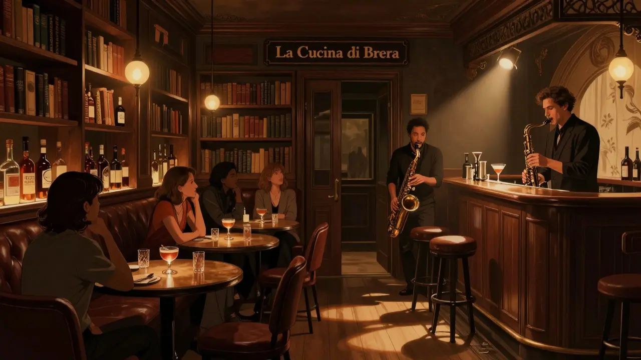 Intimate jazz bar in Brera with a bartender and musician in soft amber lighting, bookshelves in background.