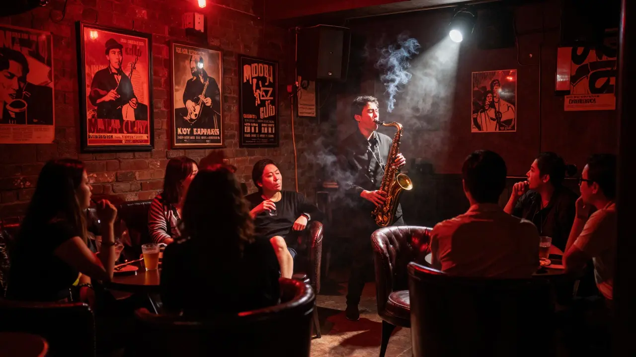 Intimate jazz club at night, saxophonist playing under spotlight, smoky atmosphere, patrons listening quietly.