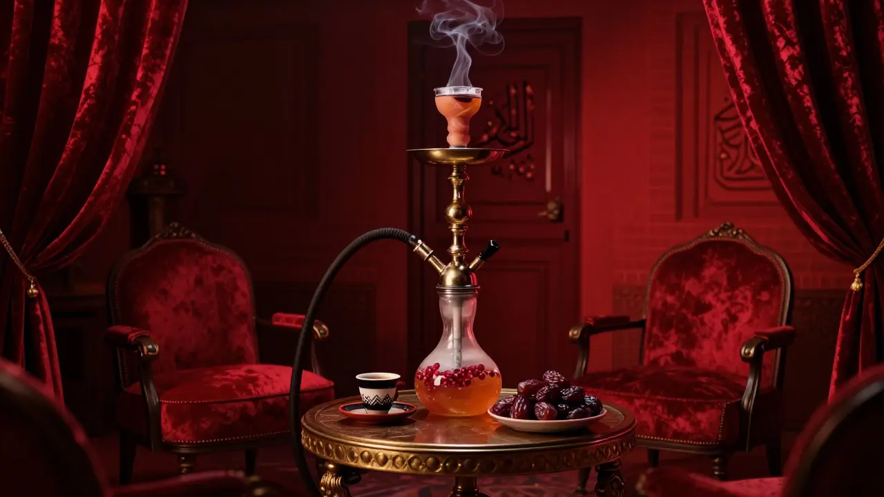 Intimate shisha spot with velvet drapes, hand-blown glass pipes, and Arabic coffee cups in soft crimson light.