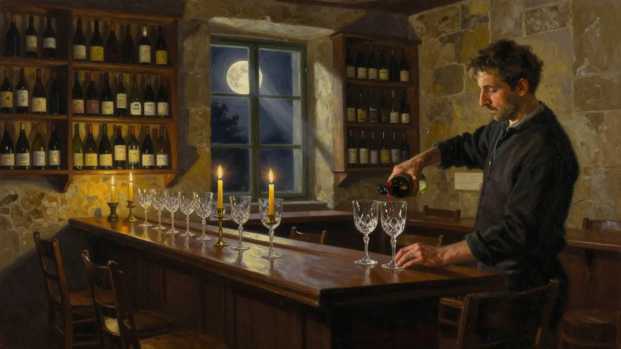 Intimate wine bar with candlelight, bottles, and hands pouring wine in a quiet, stone-walled room.