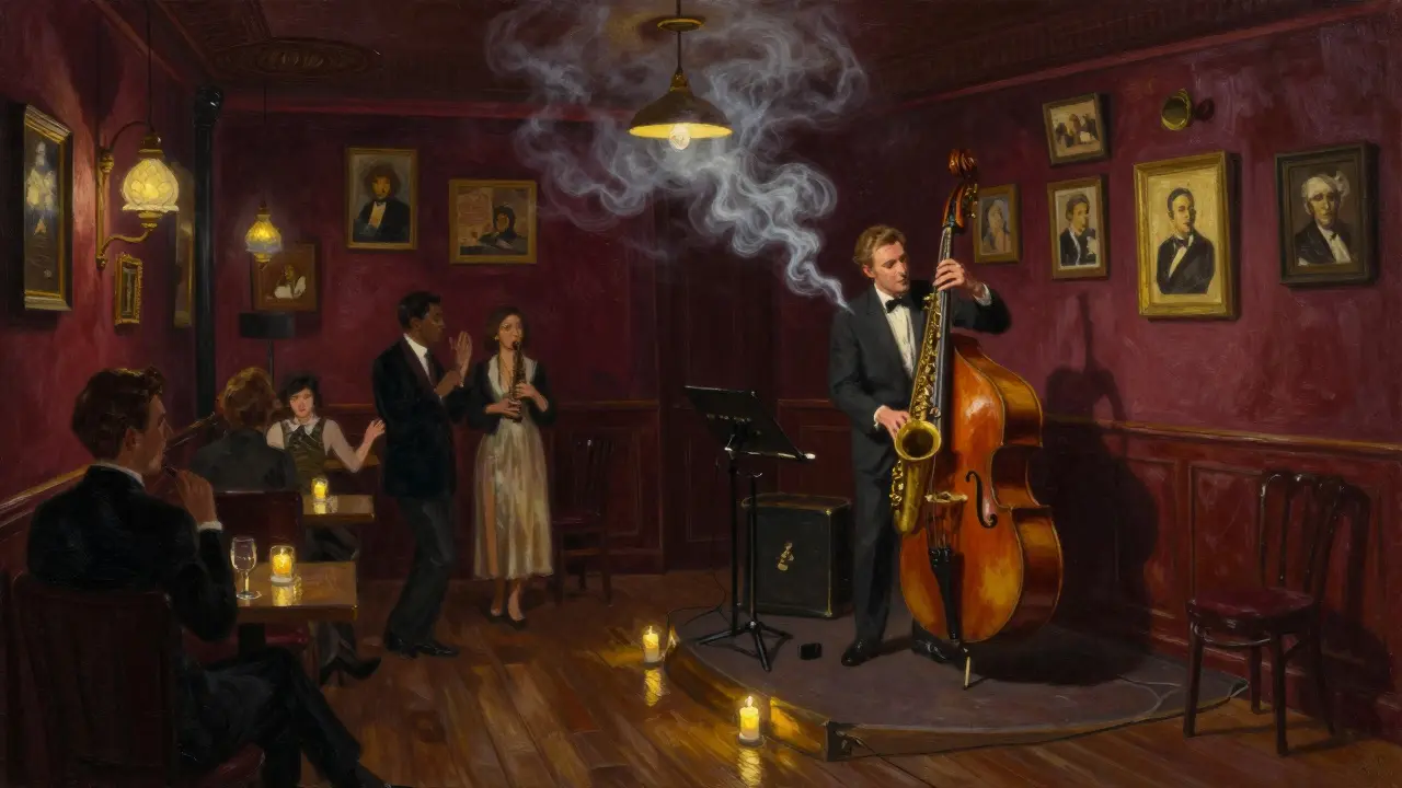 Jazz musicians playing in a smoky Paris club, patrons swaying under warm pendant lights and vintage decor.