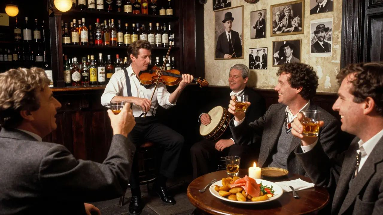 Live trad music in a cozy Paris pub, fiddler and drummer performing as patrons raise whiskey glasses in celebration.