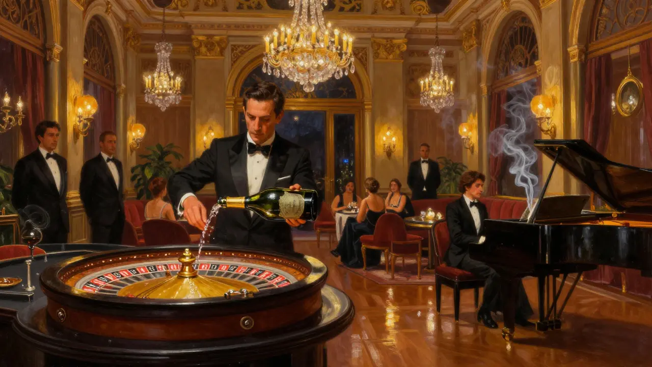 Luxurious Casino de Monte-Carlo lounge at night, patrons in formal attire sipping champagne under crystal chandeliers.