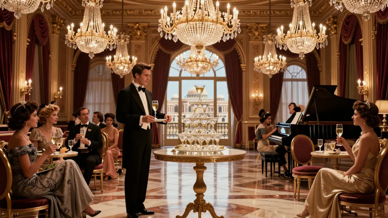 Luxurious palace lounge with crystal chandeliers and waiters serving champagne from a tower.