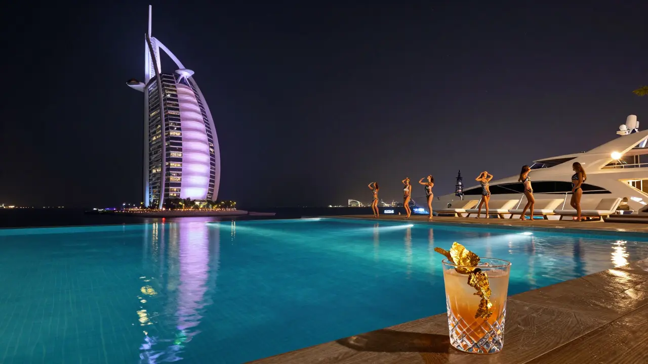 Luxury rooftop pool with dancers and strobe-lit water reflecting the sail-shaped hotel at night.