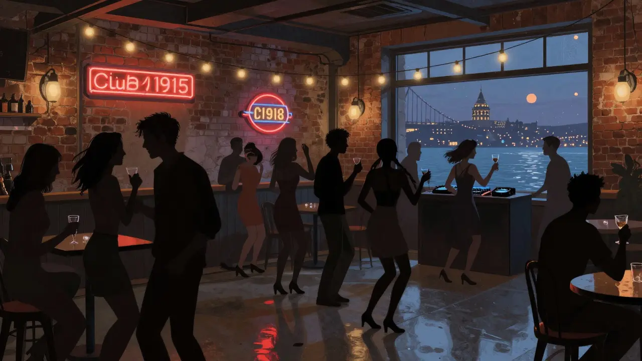 Modern club in Karaköy with neon signs, diverse crowd dancing, and Bosphorus view through windows.