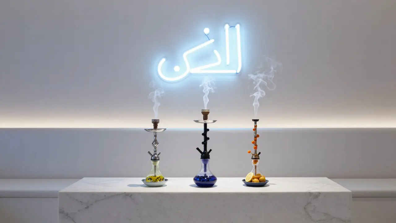 Modern shisha tasting flight with three flavored bowls and minimalist white decor under neon ambient glow.