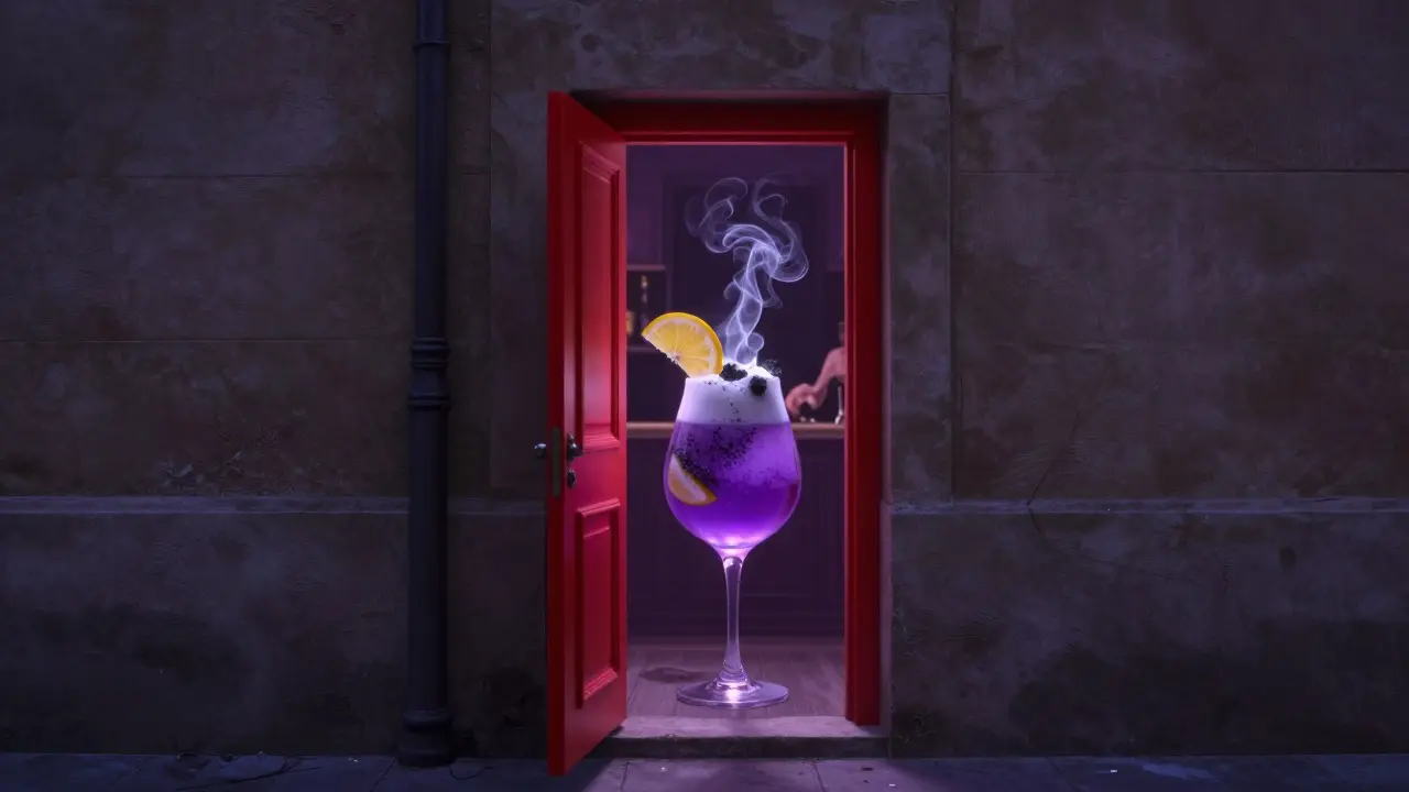 Mysterious red door ajar, revealing a surreal cocktail with smoke and violet liquid glowing softly.