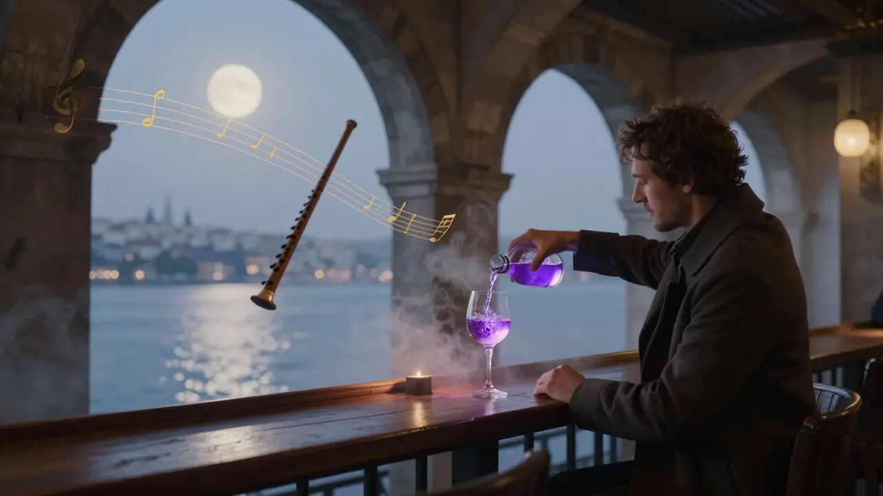 Mystical underground bar under Galata Bridge with glowing cocktail and musical notes in the air.