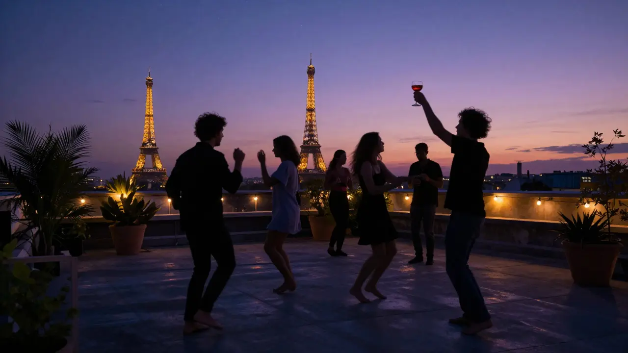 People dancing on a Paris rooftop at dawn, Eiffel Tower glowing softly in the background under starry sky.