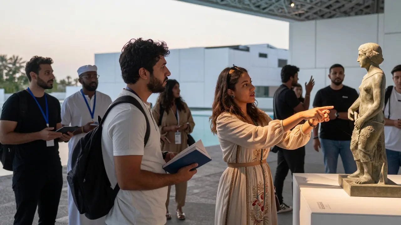People discussing art at Louvre Abu Dhabi, sharing a meaningful cultural moment in a safe social setting.
