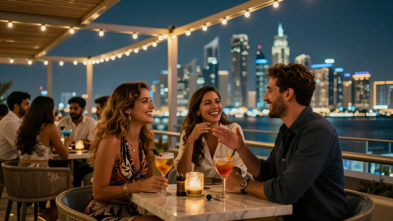 People socializing on a rooftop bar in Abu Dhabi, enjoying cocktails with city lights in the background.