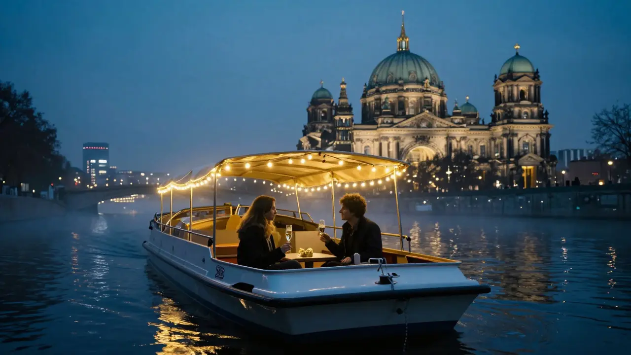 Private boat on the Spree River at night with city lights reflecting on water.