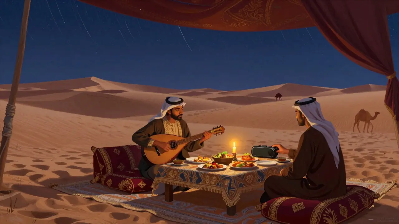 Private desert dinner under the stars with traditional food, lanterns, and oud music playing softly.