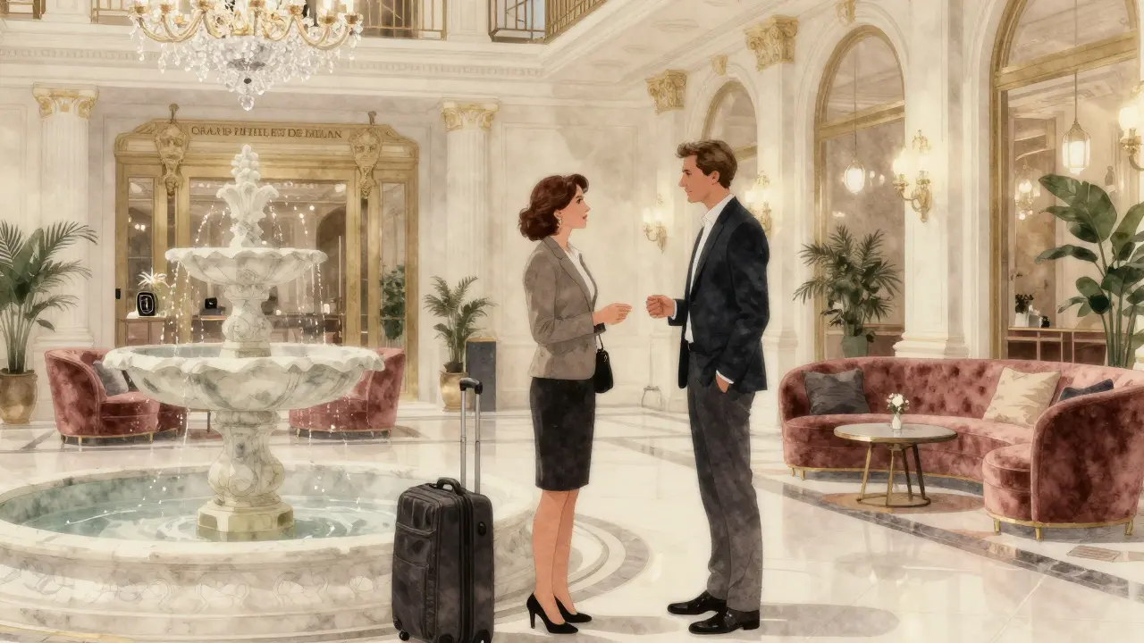 Professional meeting in the elegant lobby of a luxury Milan hotel at dusk.