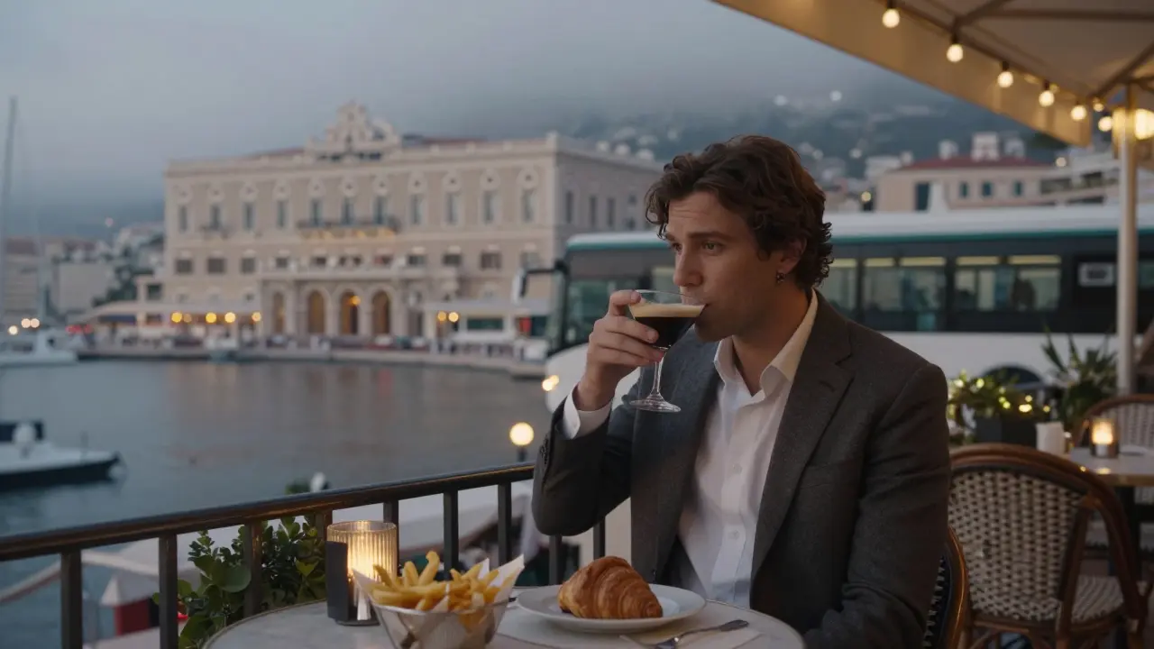 Quiet moment at La Petite Maison at dawn, a person enjoying a drink under string lights with the palace in the distance.