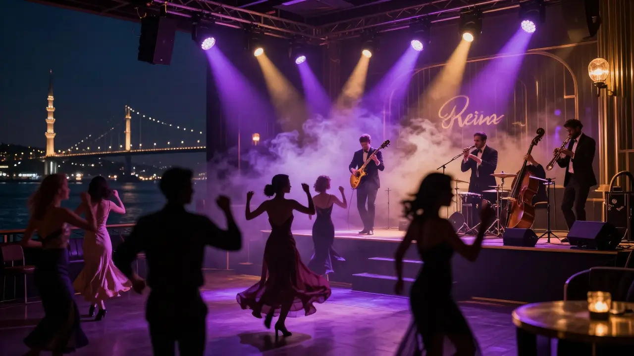 Reina nightclub by the Bosphorus with guests dancing under live jazz lights and city skyline.