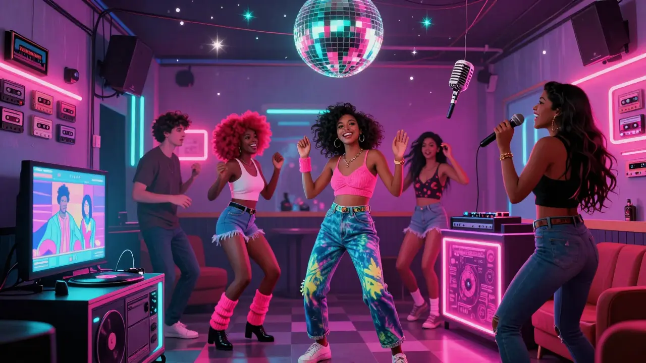 Retro 80s dance party with neon lights, mirror ball, and people in leg warmers dancing to classic hits.