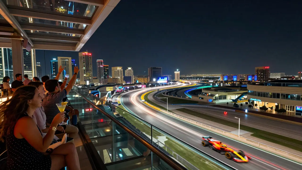 Rooftop bar guests looking down at speeding Formula 1 cars on a glass floor under a starlit sky.