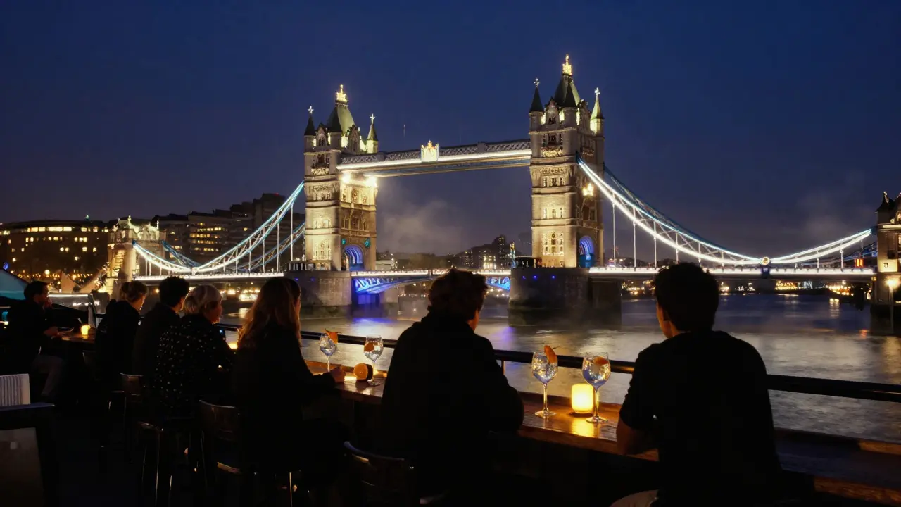Rooftop bar with view of Tower Bridge at night, silhouettes enjoying drinks, city lights and river glow in background.
