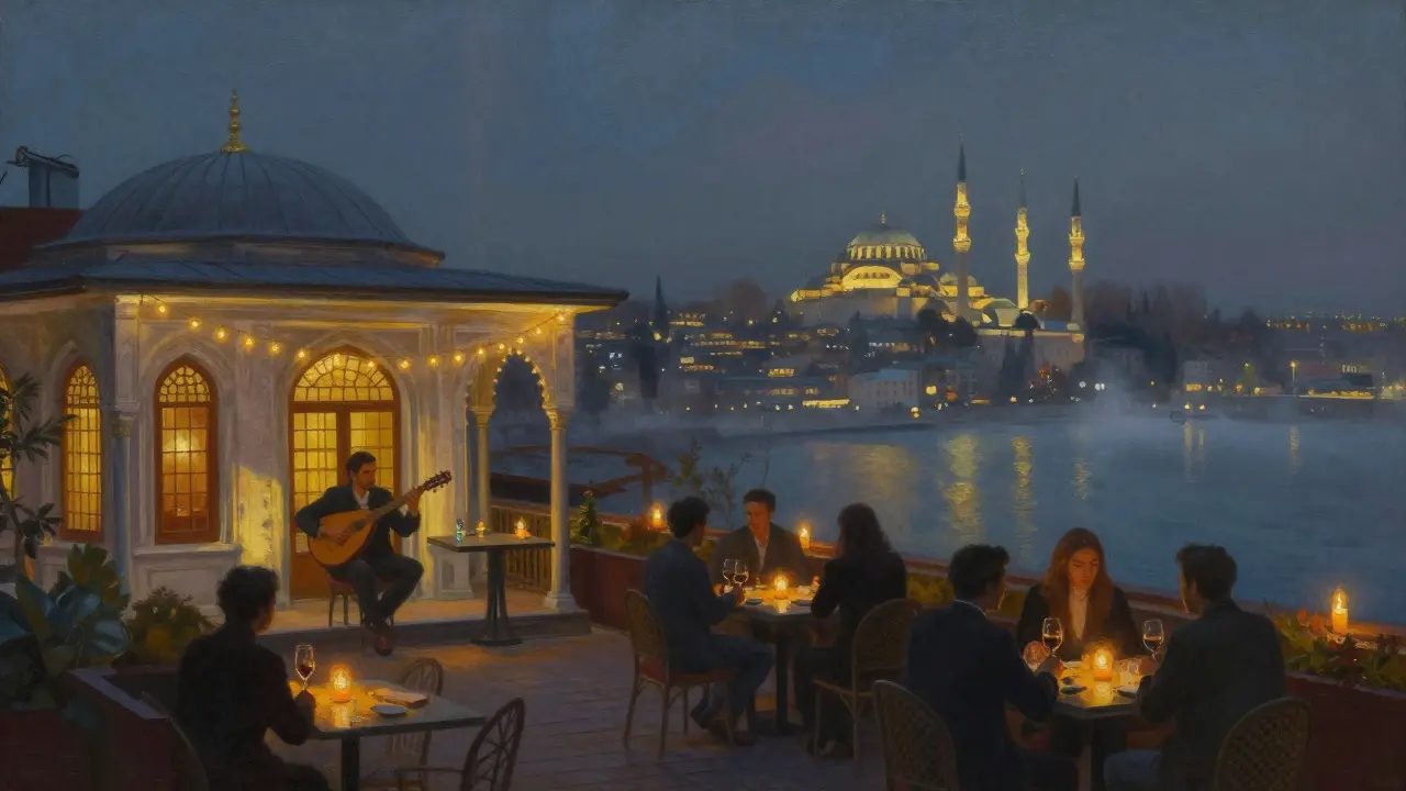 Rooftop lounge at Perili Köşk with candlelight, saz music, and illuminated minarets across the Bosphorus at midnight.