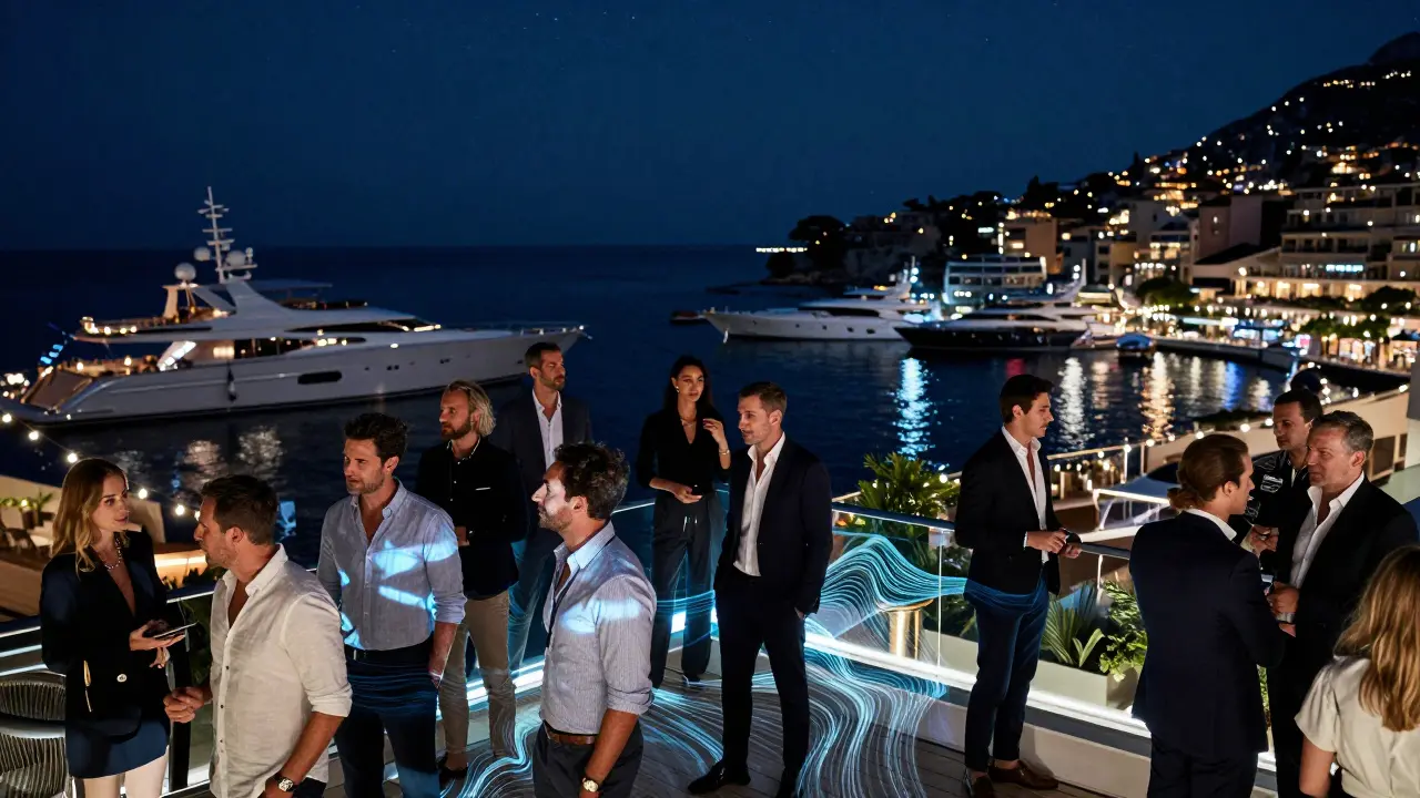 Rooftop party at Yacht Club de Monaco with yachts glowing under starlit sky.
