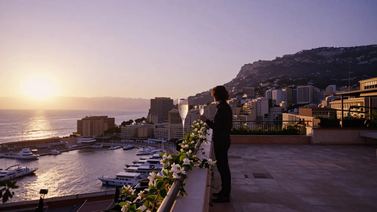 Rooftop terrace at sunrise in Monaco with a solitary figure overlooking the harbor and glowing skyline.