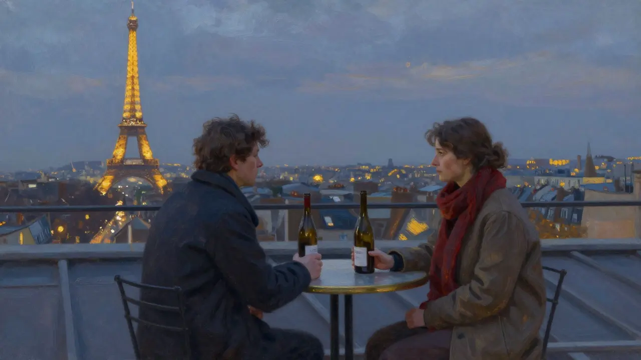 Silent companions on a Paris rooftop at dusk, watching the Eiffel Tower sparkle.