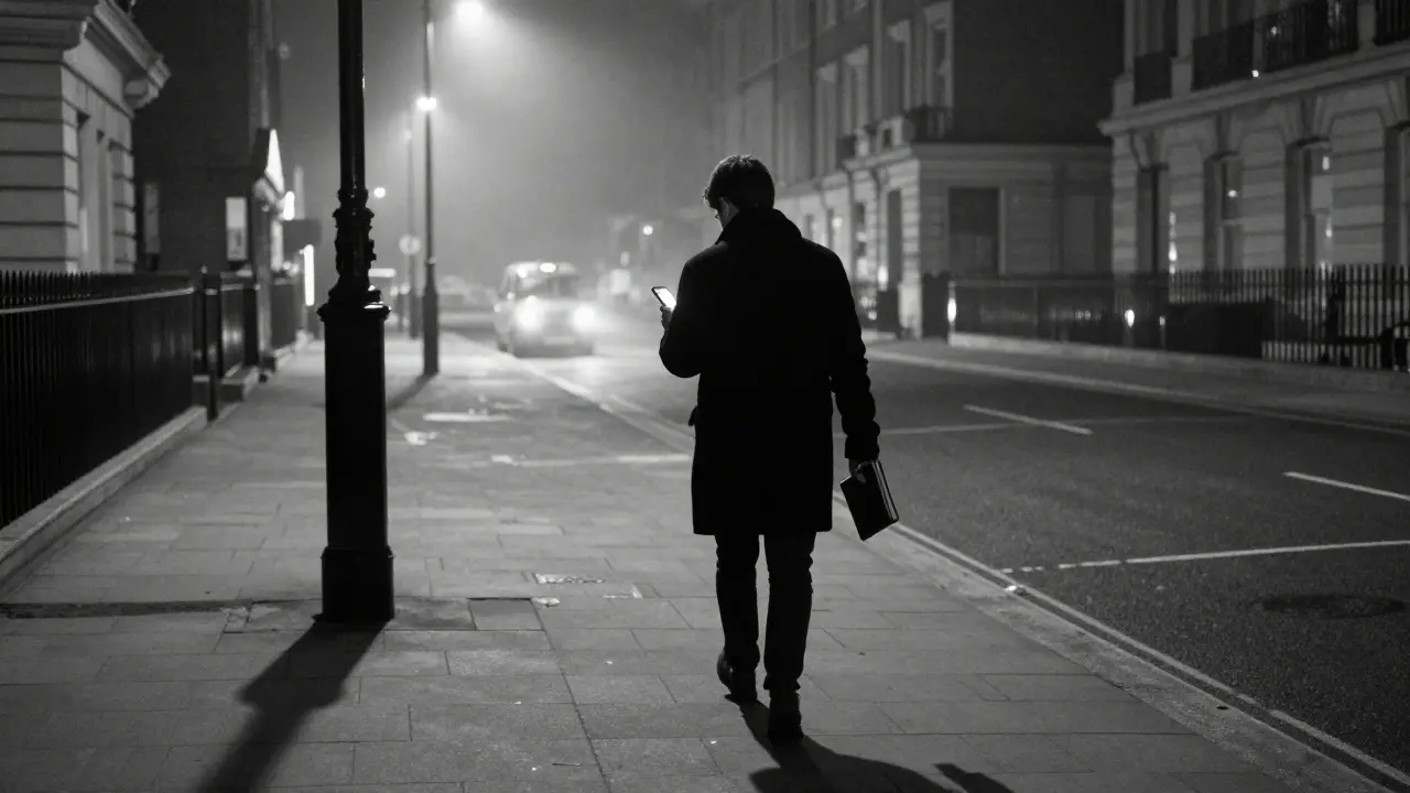 Silhouette walking home at night in London, holding a burner phone and notebook, foggy streets.