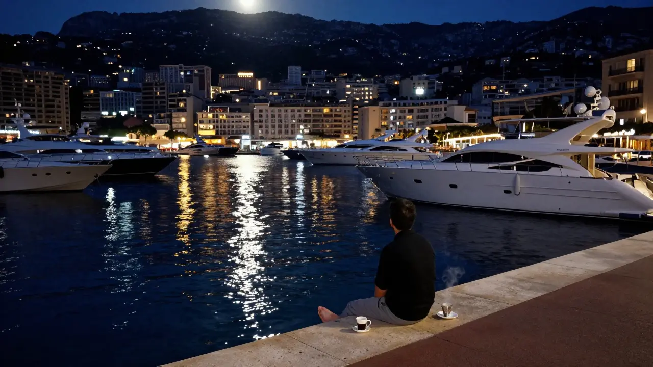 Solitary figure watching moonlit yachts on Monaco's harbor at dawn.