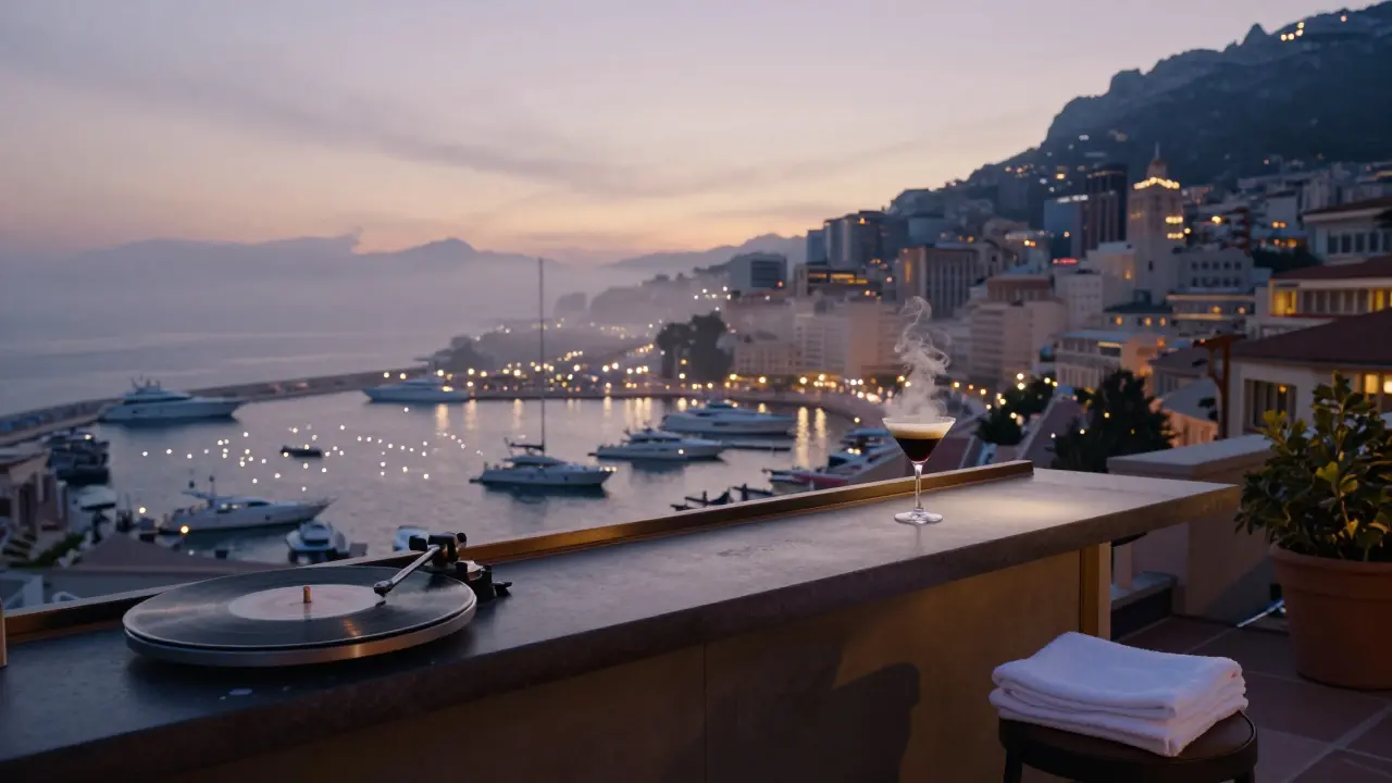 Sunrise on Hôtel de Paris rooftop, a single drink steaming as the harbor glows softly in the morning light.