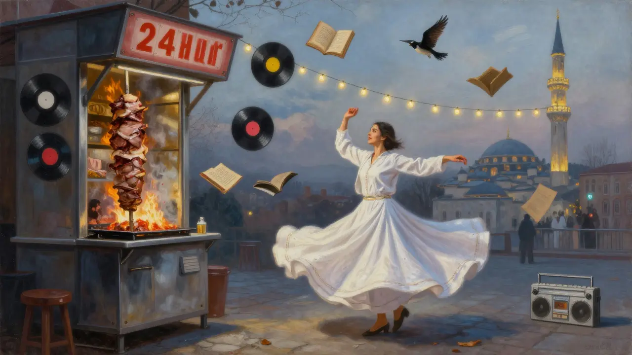 Surreal 24-hour kebab joint where a dervish dances above grilling meat amid floating records and lights.
