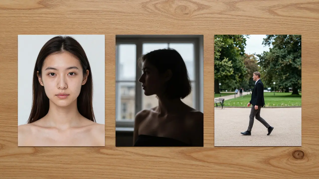 Three curated photos on a wooden table: face shot, lifestyle moment, and tasteful silhouette.