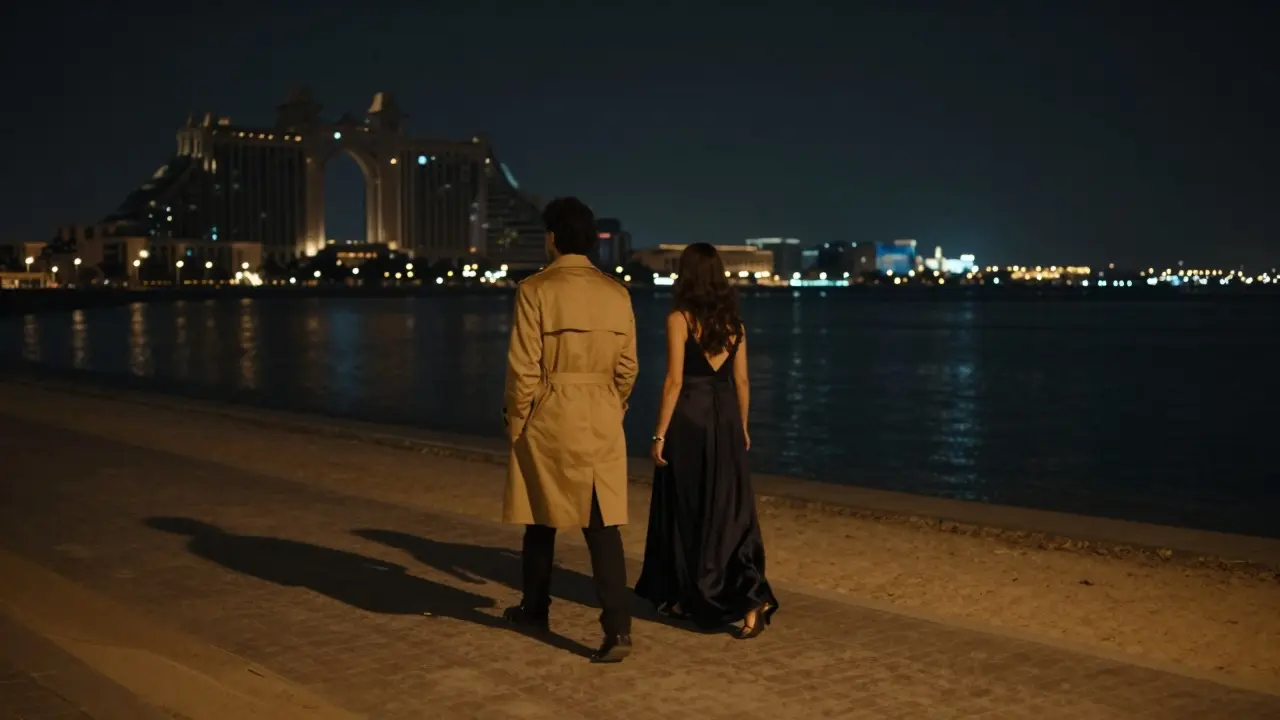 Two figures walking silently along the Corniche at night, shadows stretching under the moonlight.