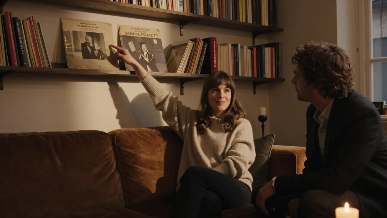 Two people in a Montmartre apartment, connecting over a vintage jazz record.