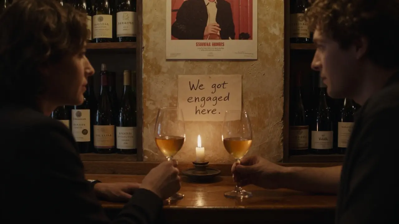 Two people share wine in a cozy, candlelit Parisian wine bar surrounded by vintage posters.