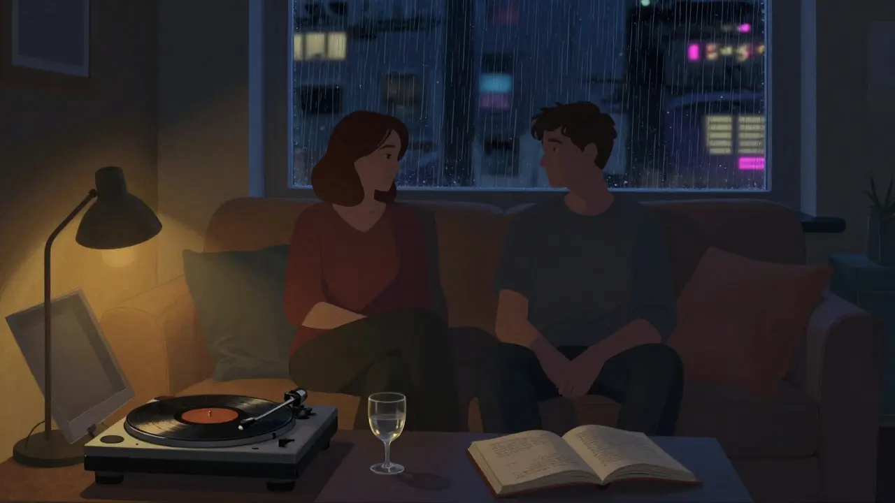 Two people sit quietly in a Berlin apartment at midnight, listening to vinyl with rain on the window.
